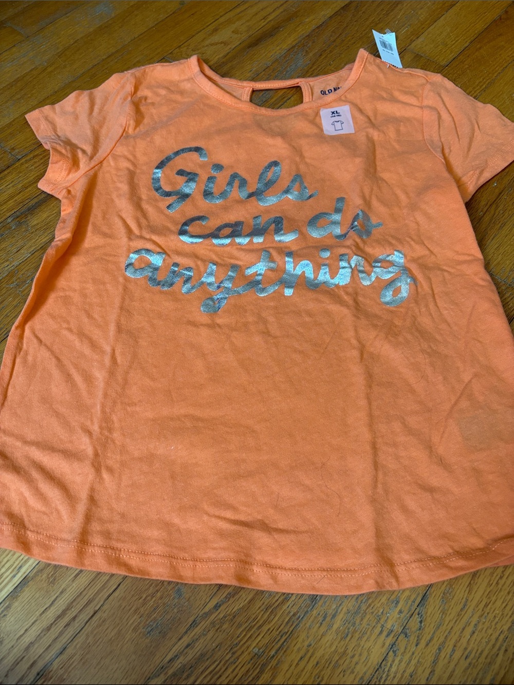 NWT Old Navy Orange Tee with Silver Script 'Girls Can Do Anything'